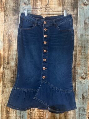 Dark Blue Button-Front Denim Midi Skirt with Ruffle Hem